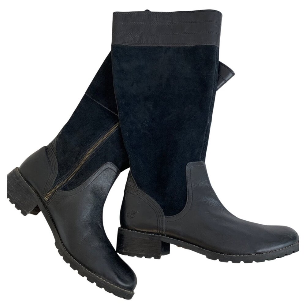 Timberland Womens Black Leather & Suede Riding Boots Size 11 Wide Calf EUC